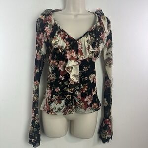 Vintage Mesh Blouse Sz L Black Floral Ruffle V Neck Bell Sleeve Fairy Whimsigoth